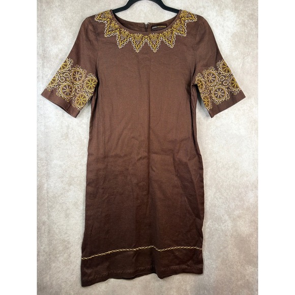 Dana Buchman Dresses & Skirts - Dana Buchman Shift Dress Sz 8 Brown Embroidered Linen Blend Short Sleeve Boho